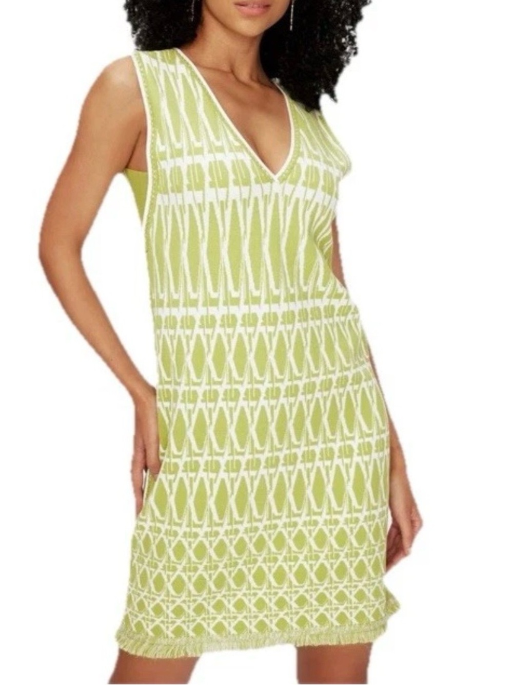 Diane Von Furstenberg Knitted Mini Dress Size Medium Green White Jacquard